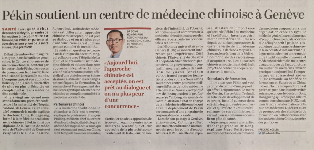Le Temps, diciembre de 2018 - Pekín apoya un centro de medicina china en Ginebra