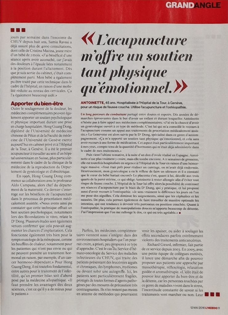 L’Hebdo, 12 de mayo de 2016 - «La acupuntura me proporciona apoyo tanto físico como emocional»
