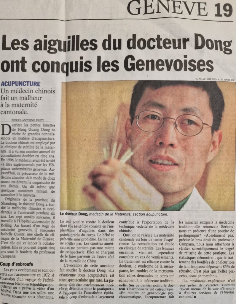 Tribune de Genève, 30 de marzo de 2001 — Las agujas del doctor Dong han conquistado a las ginebrinas
